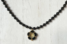 Load image into Gallery viewer, Large Black Czech Glass Hibiscus Necklace with Swarovski Crystal Pearls
