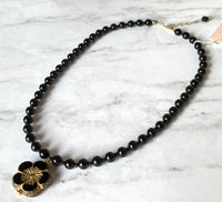 Large Black Czech Glass Hibiscus Necklace with Swarovski Crystal Pearls