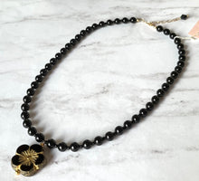 Load image into Gallery viewer, Large Black Czech Glass Hibiscus Necklace with Swarovski Crystal Pearls
