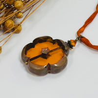 Large Autumn Flower Czech Glass Pendant Necklace on Silk Cord