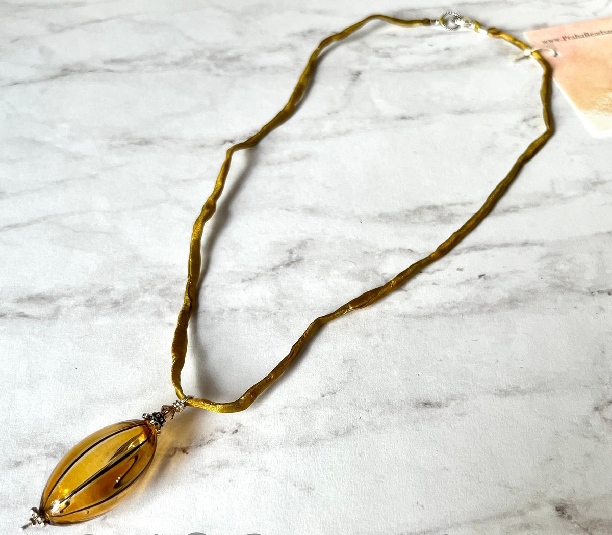 Light Orange and Black Murano Glass Pendant on Silk Cord