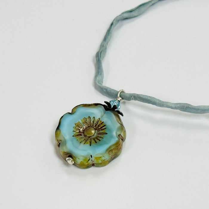 Czech Glass Light Blue Hibiscus Flower Pendant Necklace in Sterling Silver