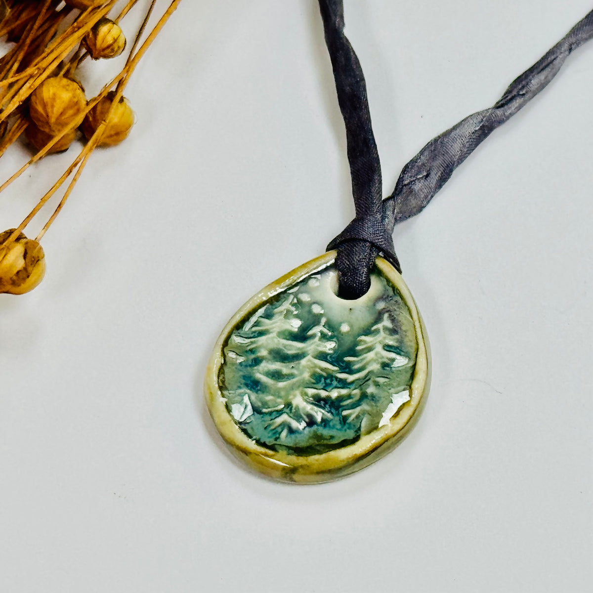 Handmade Porcelain Pine Tree Pendant on Hand Dyed Silk Cord