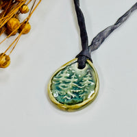 Handmade Porcelain Pine Tree Pendant on Hand Dyed Silk Cord