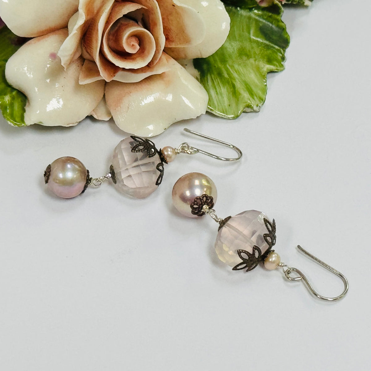 Vintage Rose Quartz and Pink Freshwater Pearl Nugget Earrings in Sterling Silver