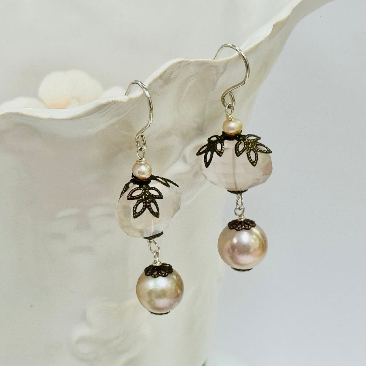 Vintage Rose Quartz and Pink Freshwater Pearl Nugget Earrings in Sterling Silver