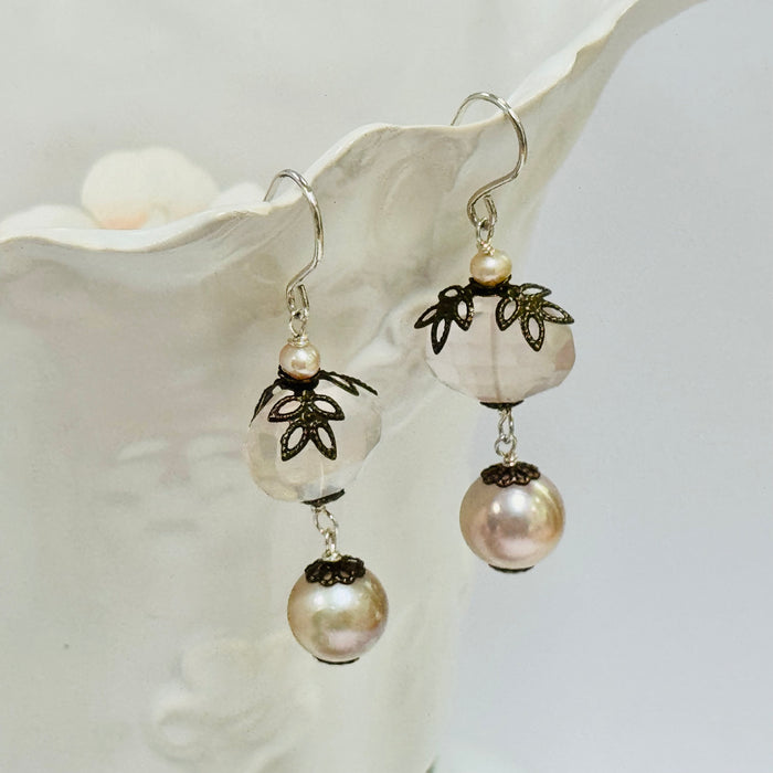 Vintage Rose Quartz and Pink Freshwater Pearl Nugget Earrings in Sterling Silver