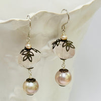 Vintage Rose Quartz and Pink Freshwater Pearl Nugget Earrings in Sterling Silver