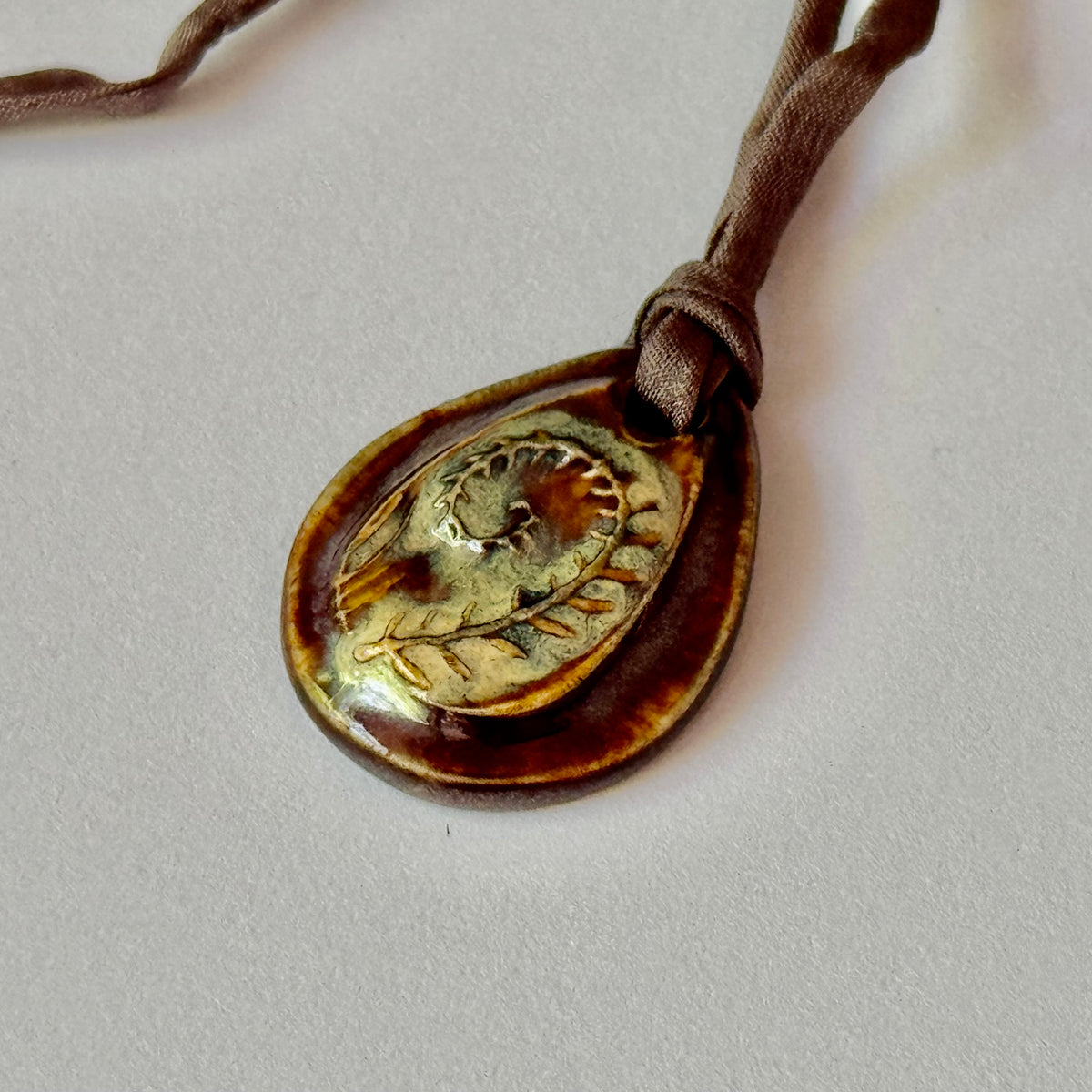 Handmade Porcelain Fern Leaf Flower Pendant on Silk Cord