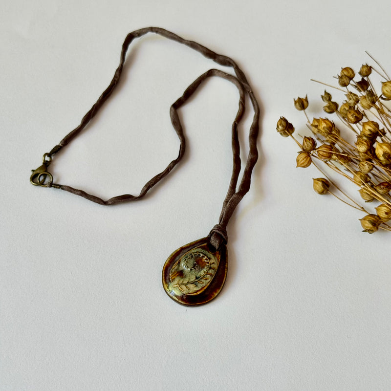Handmade Porcelain Fern Leaf Flower Pendant on Silk Cord