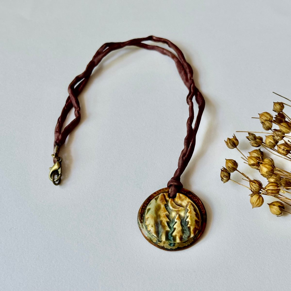 Handmade Porcelain Fir Tree Pendant on Silk Cord