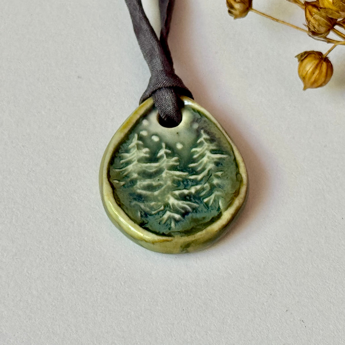 Handmade Porcelain Pine Tree Pendant on Hand Dyed Silk Cord