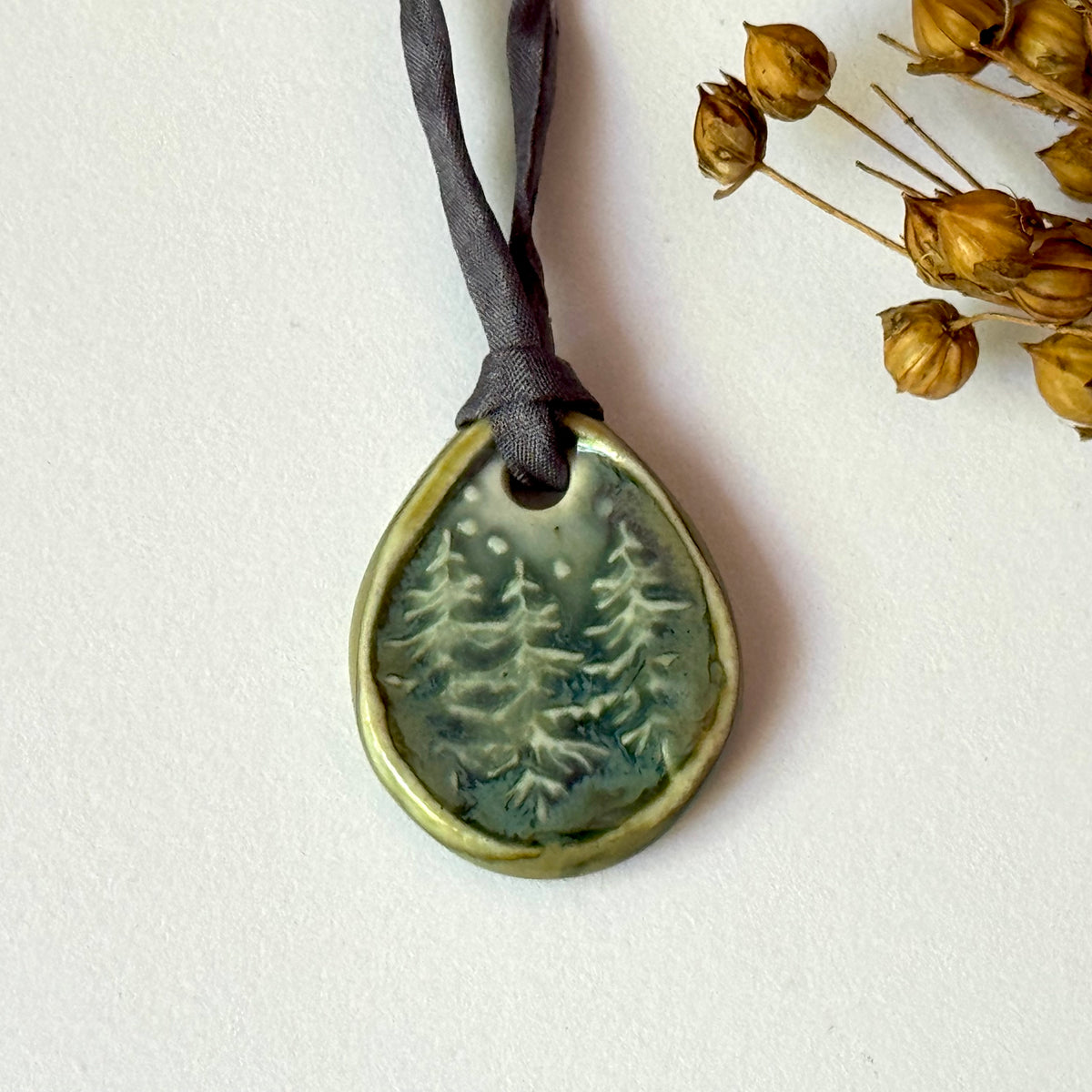 Handmade Porcelain Pine Tree Pendant on Hand Dyed Silk Cord