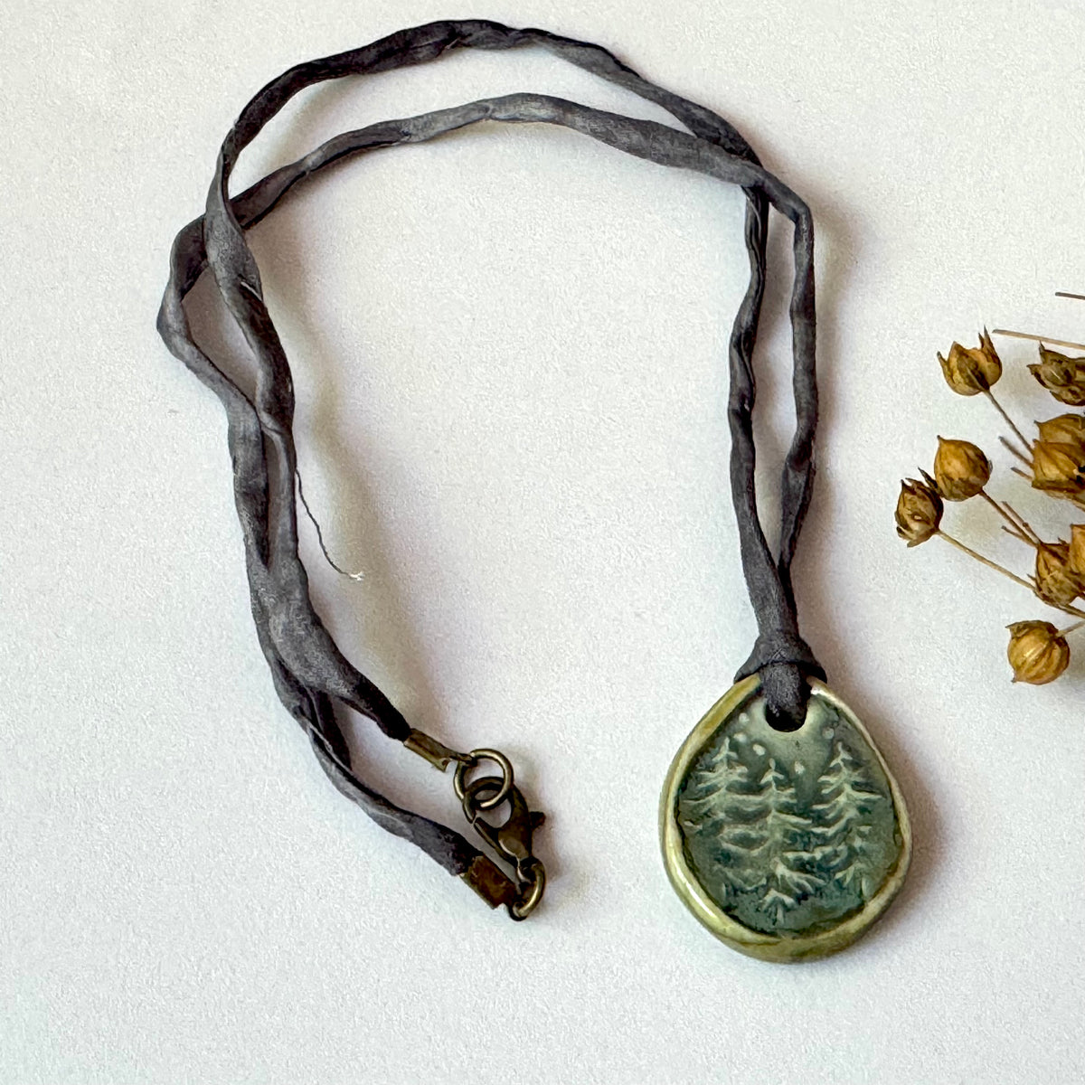 Handmade Porcelain Pine Tree Pendant on Hand Dyed Silk Cord