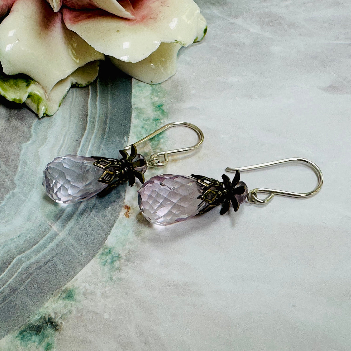 Pink Amethyst Briollet Earrings in Sterling Silver