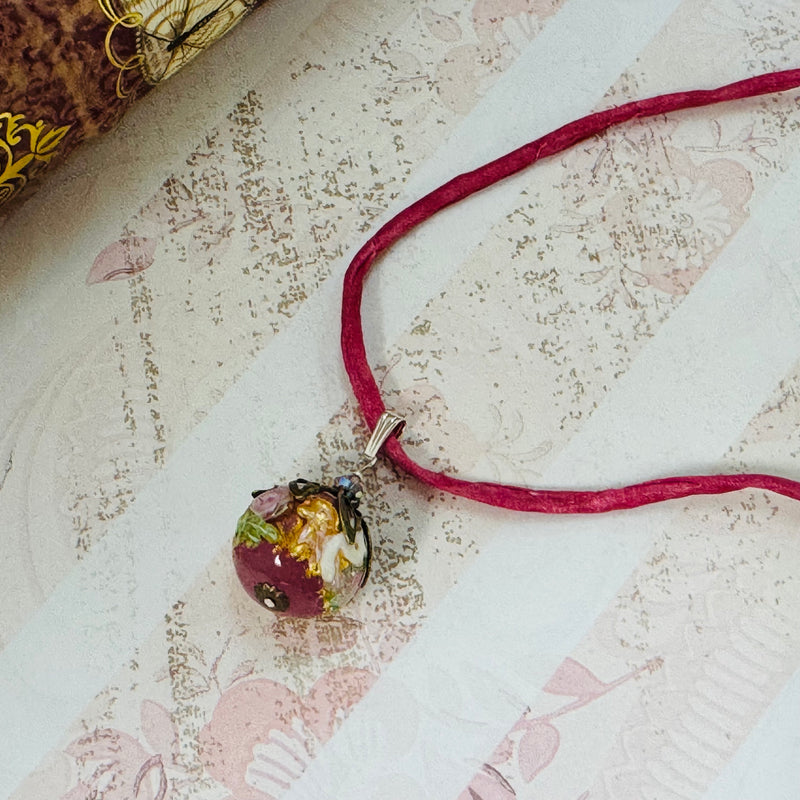 Italian Round Pink Wedding Cake Pendant on Hand Dyed Silk in Sterling Silver