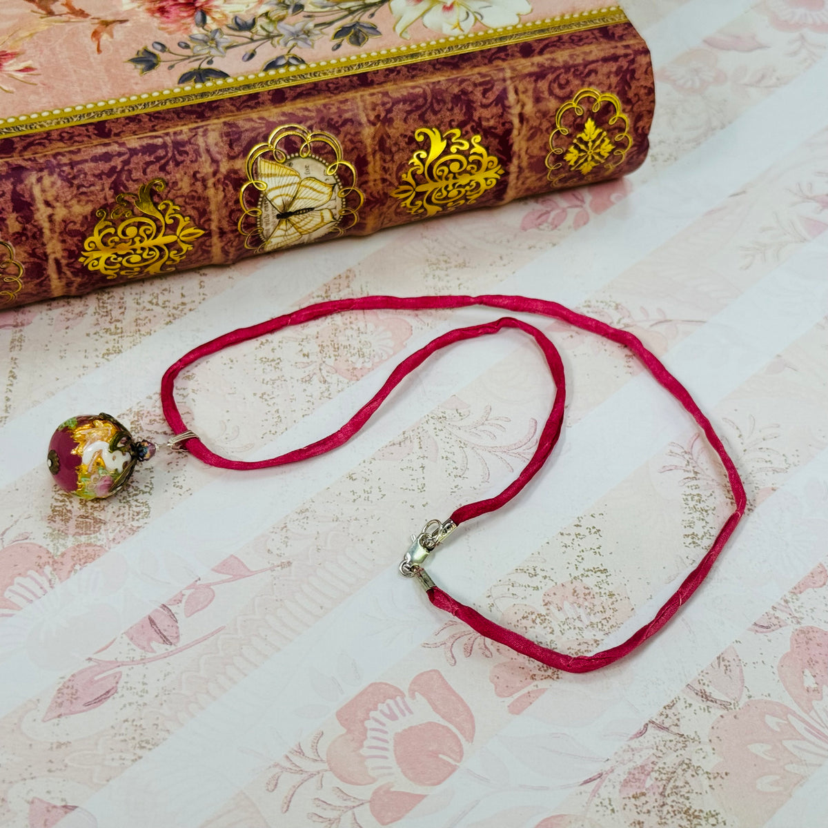 Italian Round Pink Wedding Cake Pendant on Hand Dyed Silk in Sterling Silver