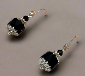 Czech Glass Black and Silver Cathedral Earrings in Sterling Silver