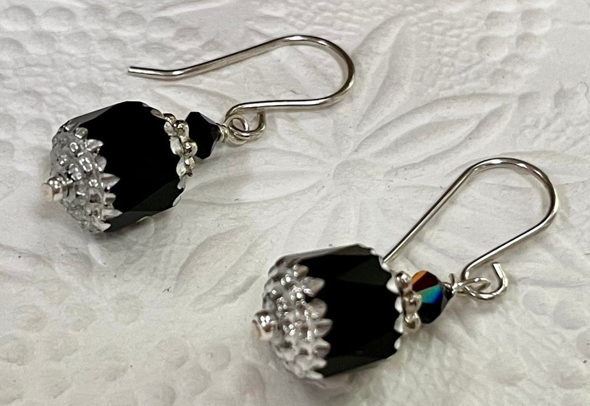 Czech Glass Black and Silver Cathedral Earrings in Sterling Silver