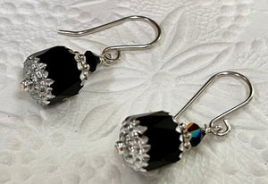 Czech Glass Black and Silver Cathedral Earrings in Sterling Silver