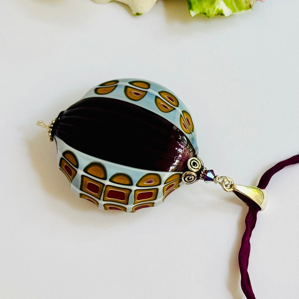 Amethyst and Yellow Millefiori Blown and Sculpted Pendant on Silk