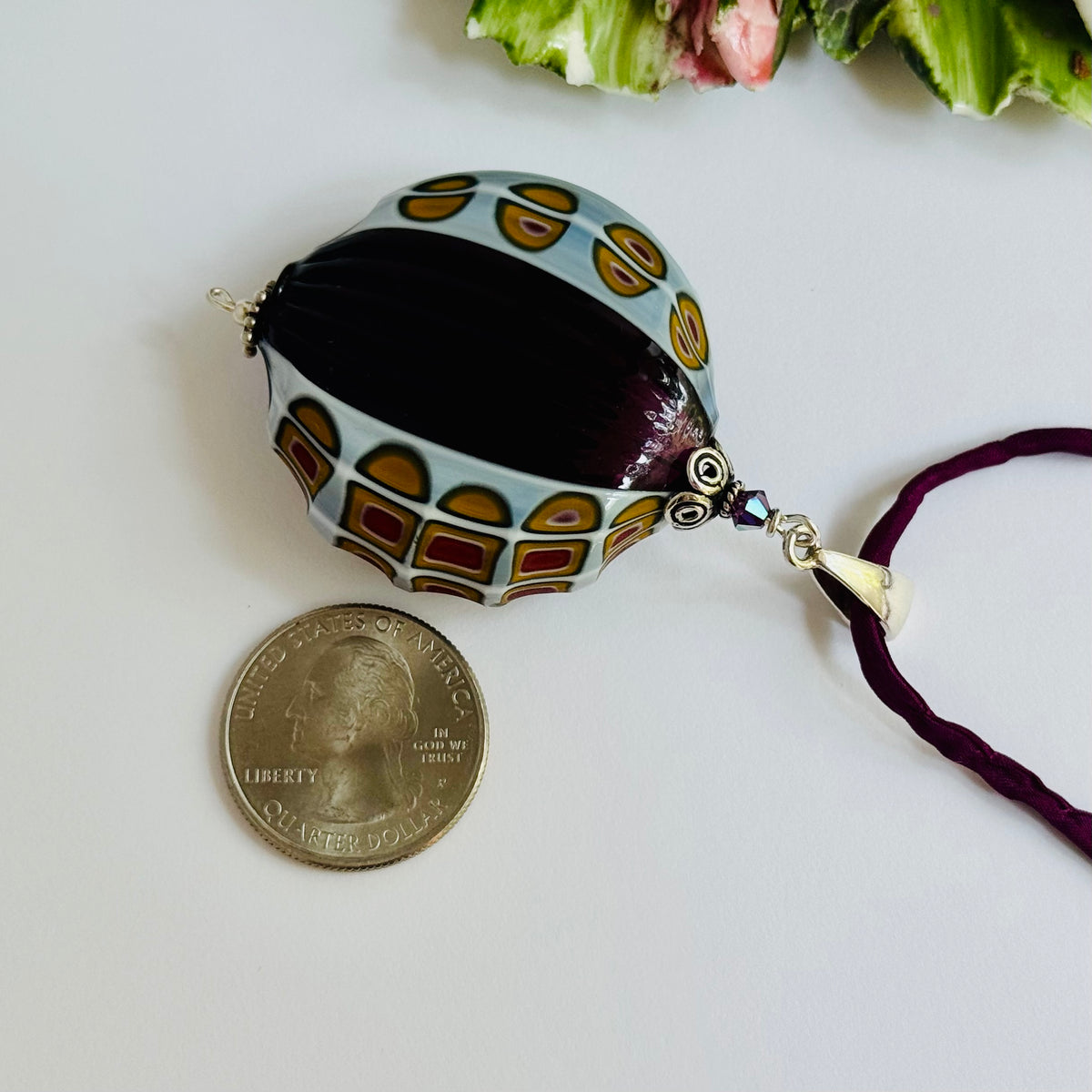 Amethyst and Yellow Millefiori Blown and Sculpted Pendant on Silk