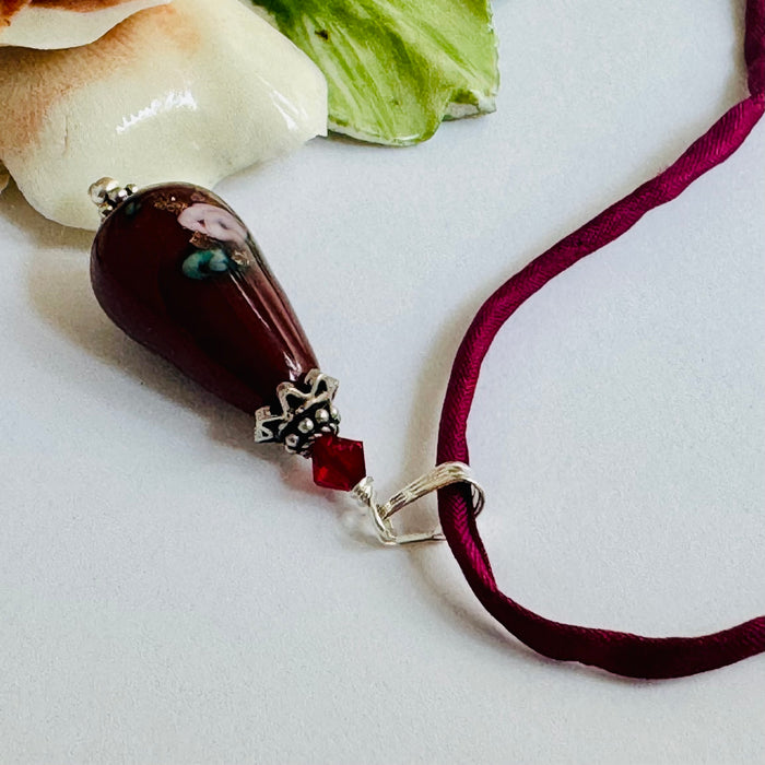 Vintage Purple Czech Glass Lampwork Pendant Necklace on Silk Cord