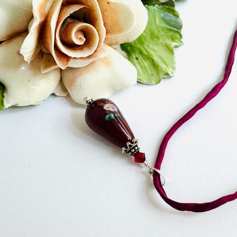 Vintage Purple Czech Glass Lampwork Pendant Necklace on Silk Cord