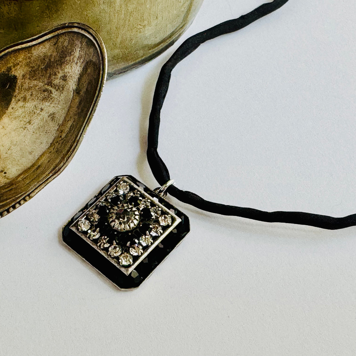 Black and Clear Swarovski Crystal Filigree Pendant in Metal Alloy