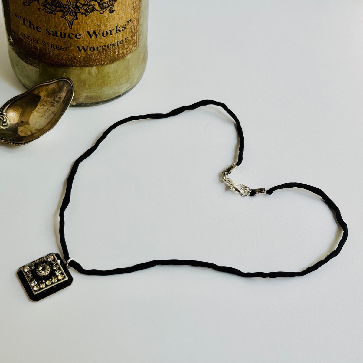 Black and Clear Swarovski Crystal Filigree Pendant in Metal Alloy