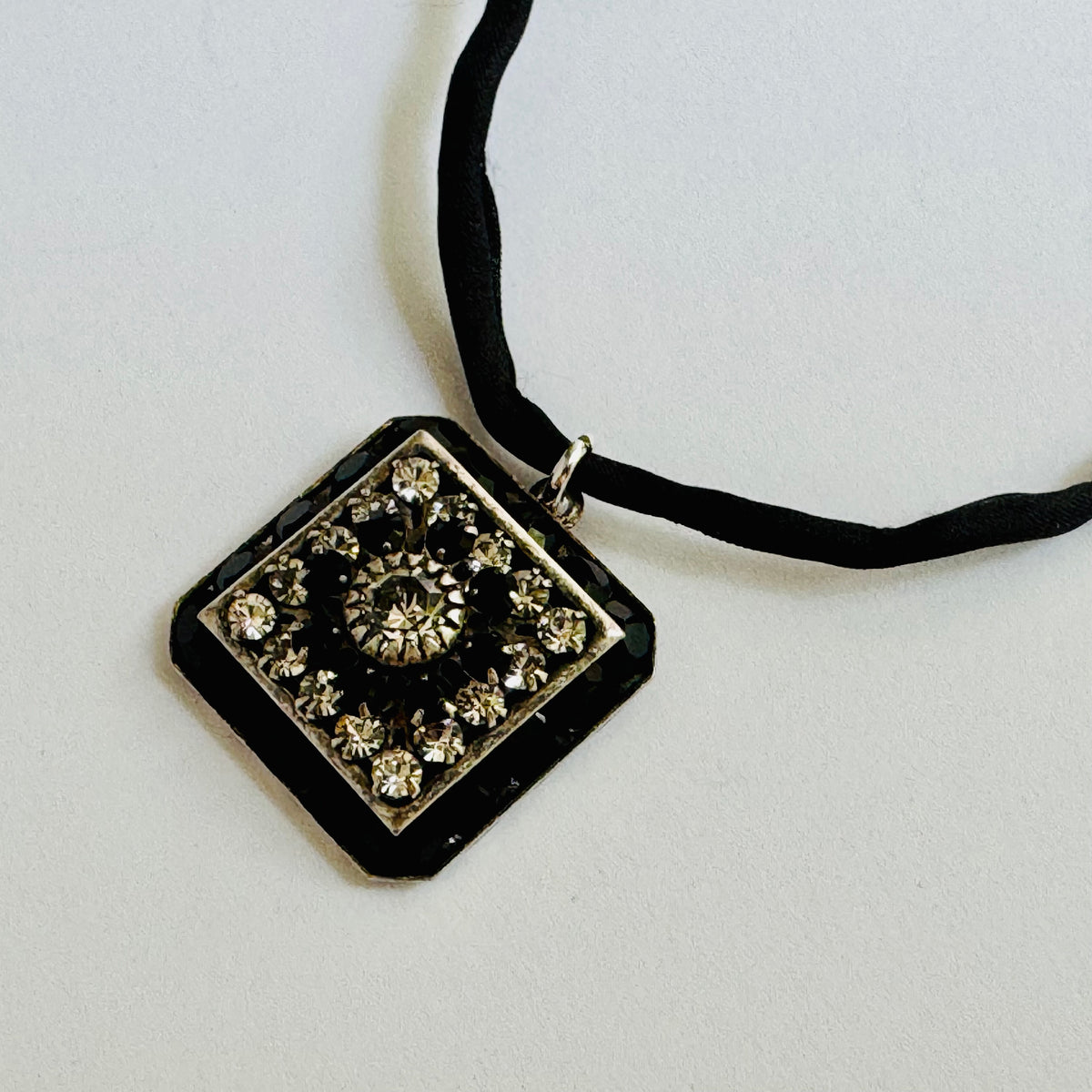 Black and Clear Swarovski Crystal Filigree Pendant in Metal Alloy