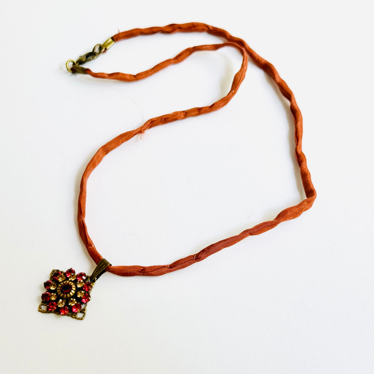 Orange Swarovski Crystal Filigree Pendant in Antique Brass