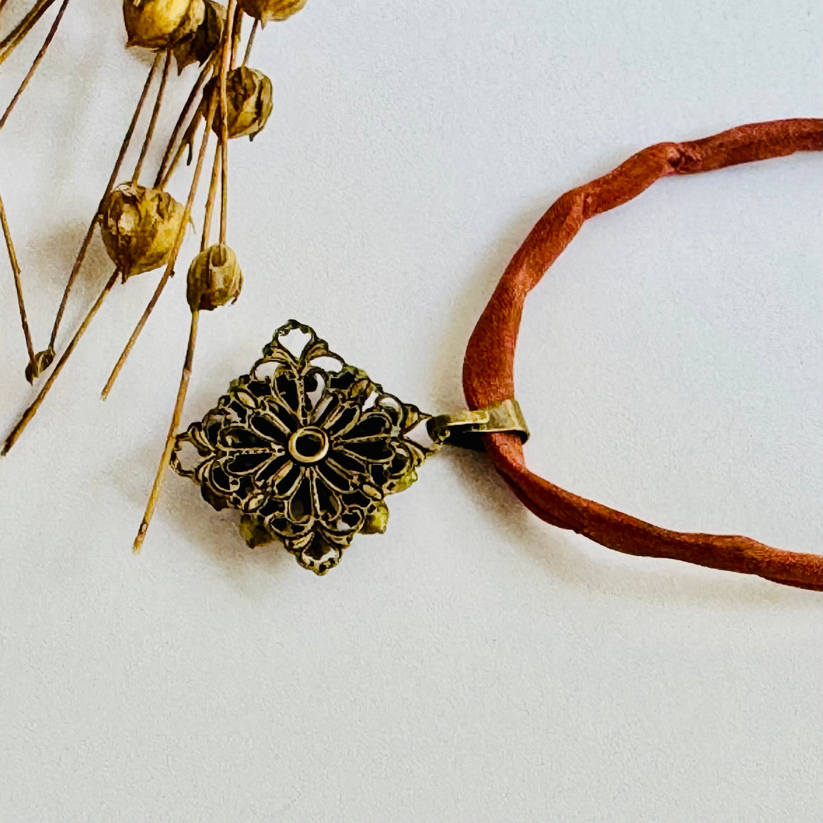 Orange Swarovski Crystal Filigree Pendant in Antique Brass