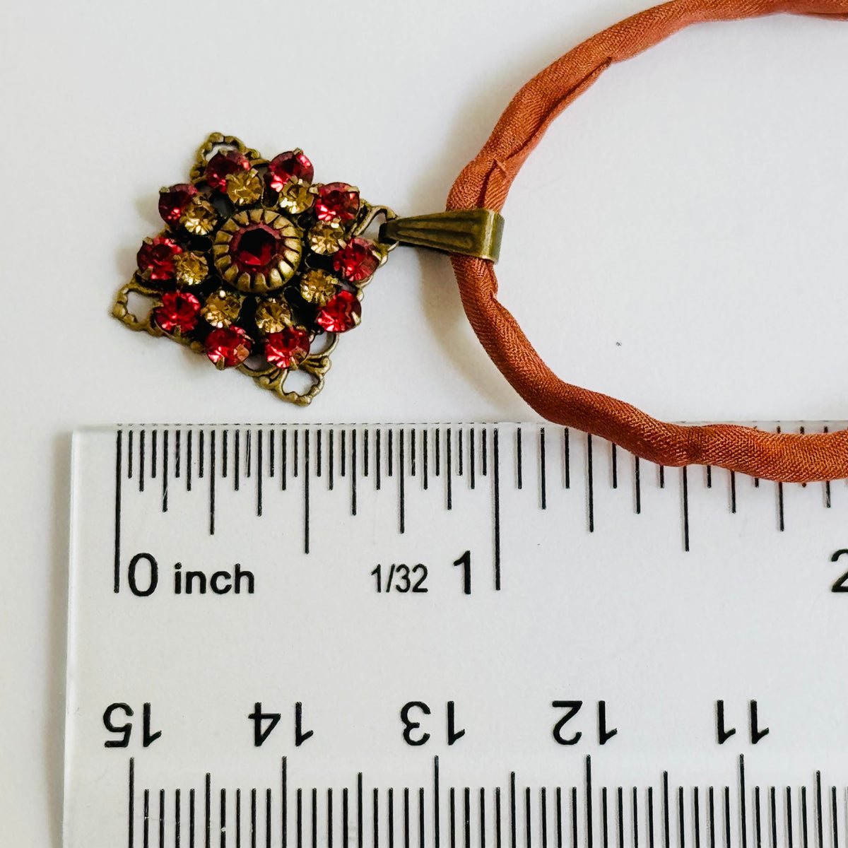 Orange Swarovski Crystal Filigree Pendant in Antique Brass