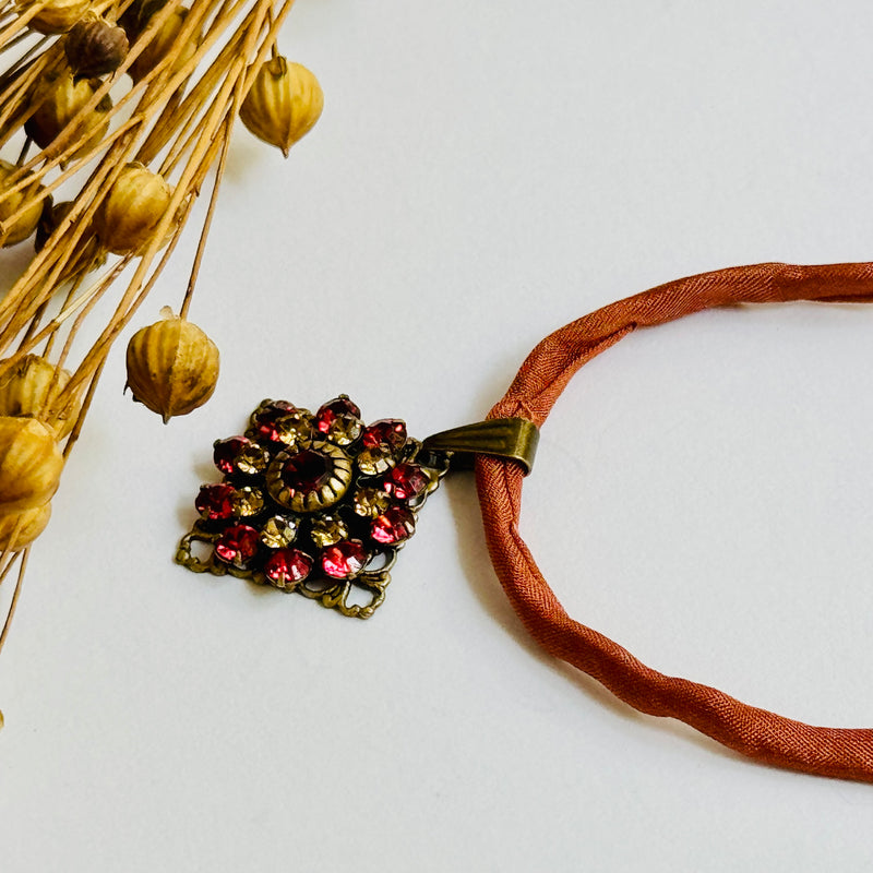Orange Swarovski Crystal Filigree Pendant in Antique Brass