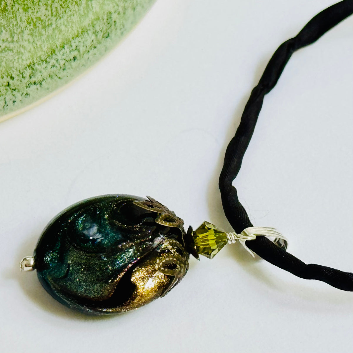 Luxury Handmade Green Swirl Czech Glass Coin Lamp Work Necklace on Silk Cord