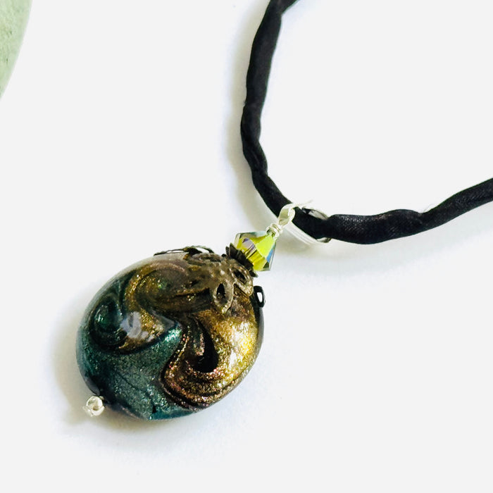 Luxury Handmade Green Swirl Czech Glass Coin Lamp Work Necklace on Silk Cord