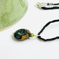 Luxury Handmade Green Swirl Czech Glass Coin Lamp Work Necklace on Silk Cord