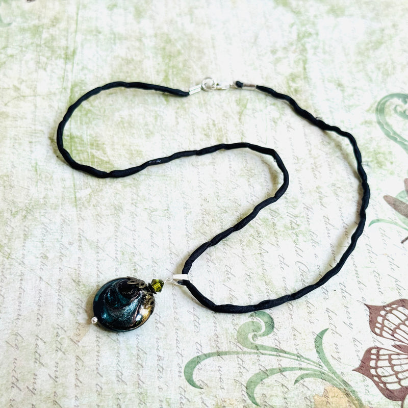 Luxury Handmade Green Swirl Czech Glass Coin Lamp Work Necklace on Silk Cord