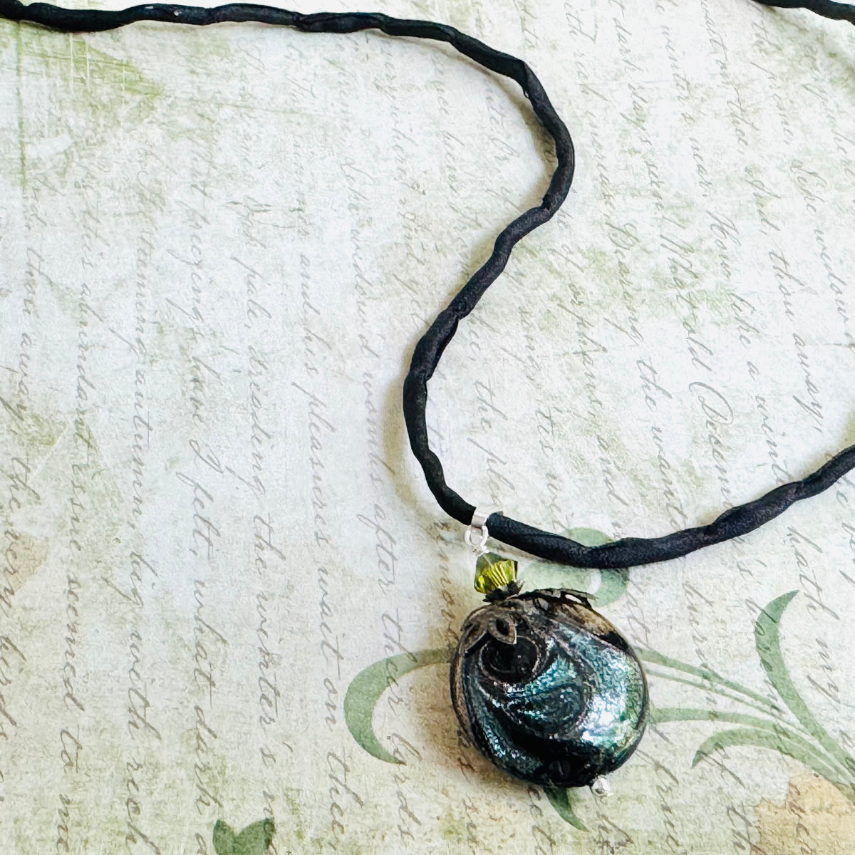 Luxury Handmade Green Swirl Czech Glass Coin Lamp Work Necklace on Silk Cord