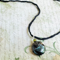 Luxury Handmade Green Swirl Czech Glass Coin Lamp Work Necklace on Silk Cord