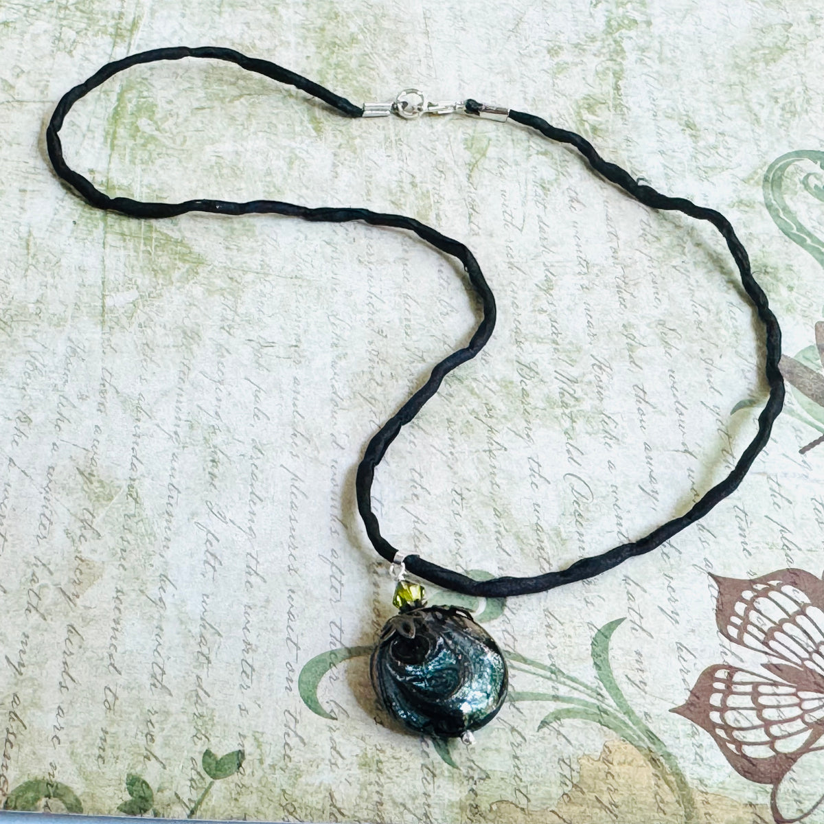 Luxury Handmade Green Swirl Czech Glass Coin Lamp Work Necklace on Silk Cord