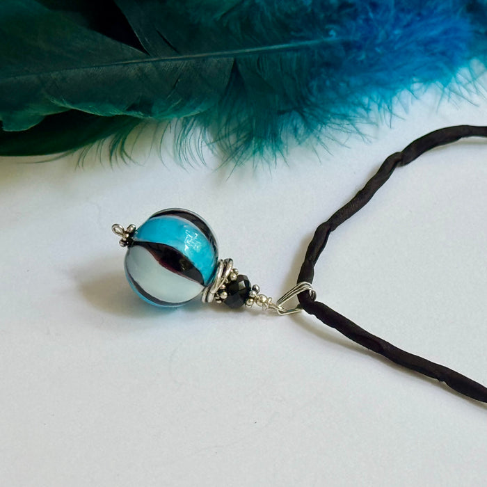 Blue and Black Mouth Blown "Balloon" Murano Glass Pendant Black Silk Cord