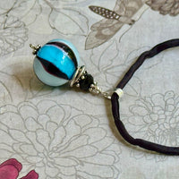 Blue and Black Mouth Blown "Balloon" Murano Glass Pendant Black Silk Cord