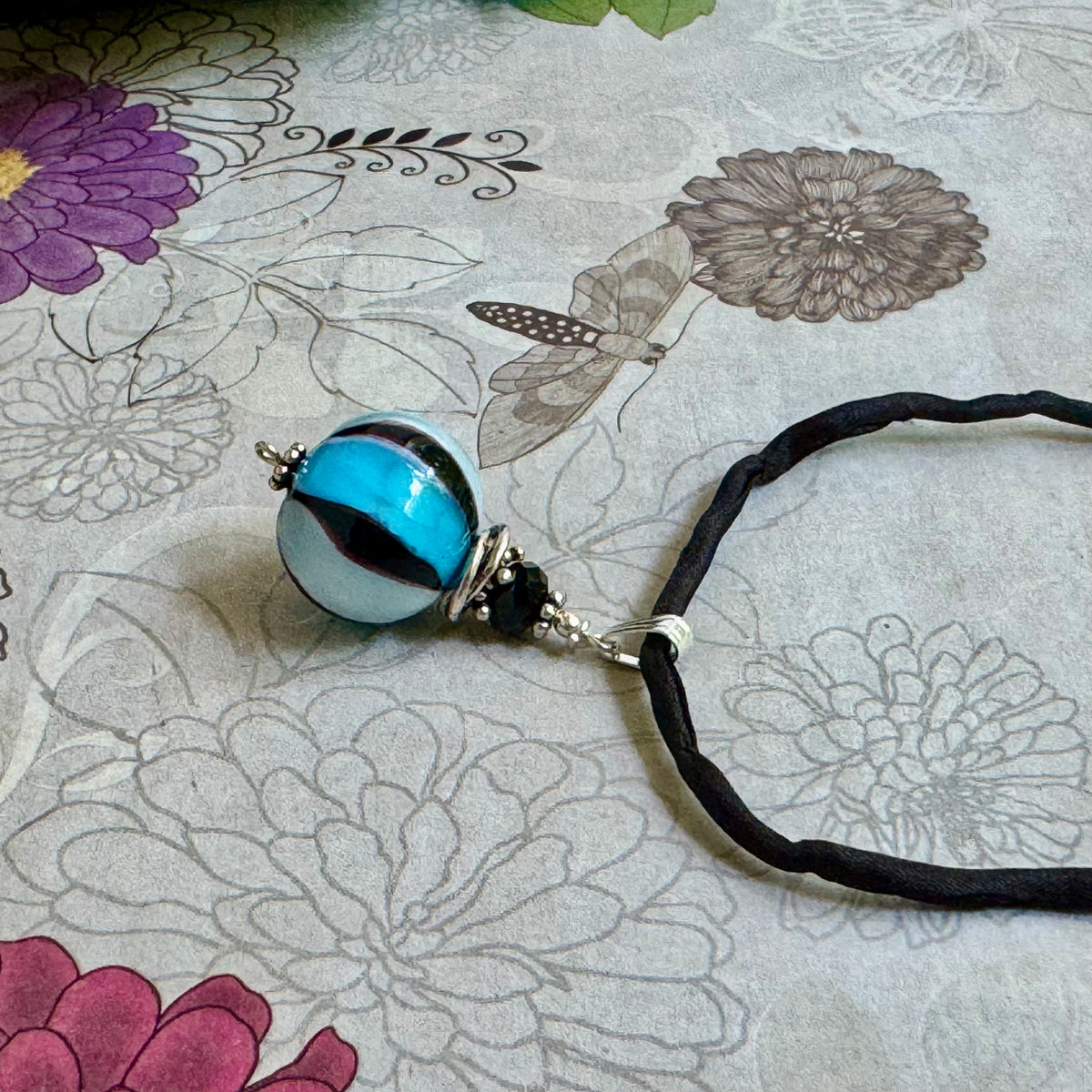 Blue and Black Mouth Blown "Balloon" Murano Glass Pendant Black Silk Cord