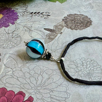 Blue and Black Mouth Blown "Balloon" Murano Glass Pendant Black Silk Cord