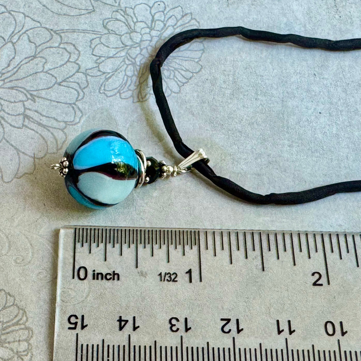 Blue and Black Mouth Blown "Balloon" Murano Glass Pendant Black Silk Cord