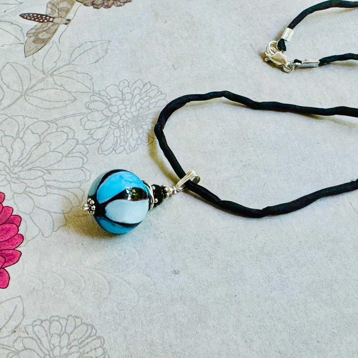 Blue and Black Mouth Blown "Balloon" Murano Glass Pendant Black Silk Cord