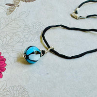 Blue and Black Mouth Blown "Balloon" Murano Glass Pendant Black Silk Cord