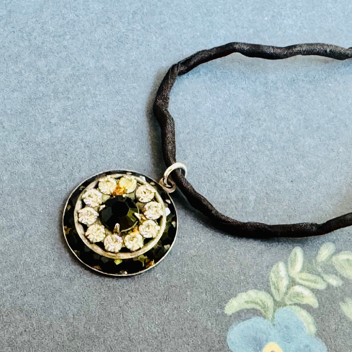 Black and Clear Swarovski Crystal Filigree Pendant in Antique Silver